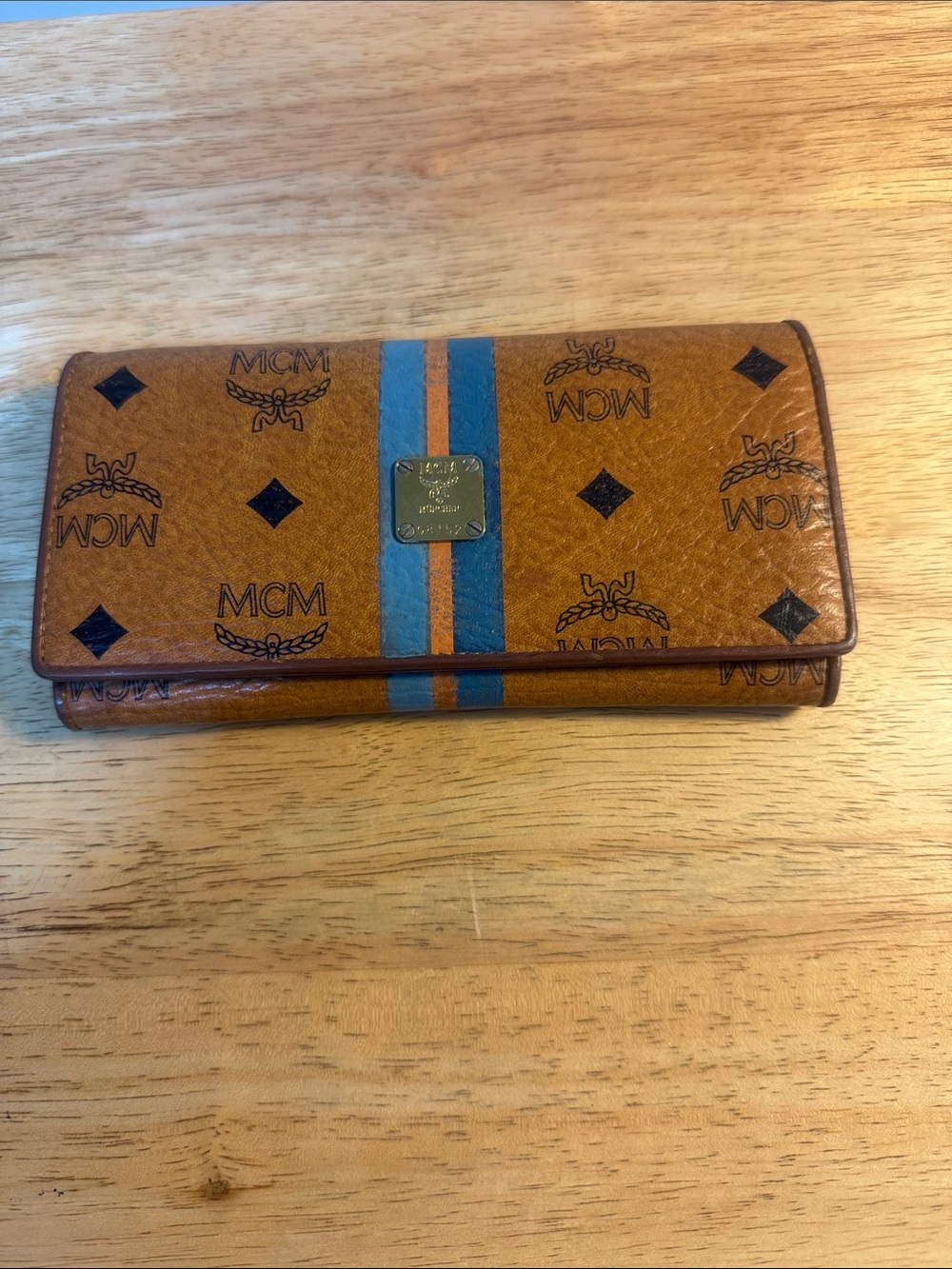 MCM Cognac Visetos Continental Wallet with Blue Stripe